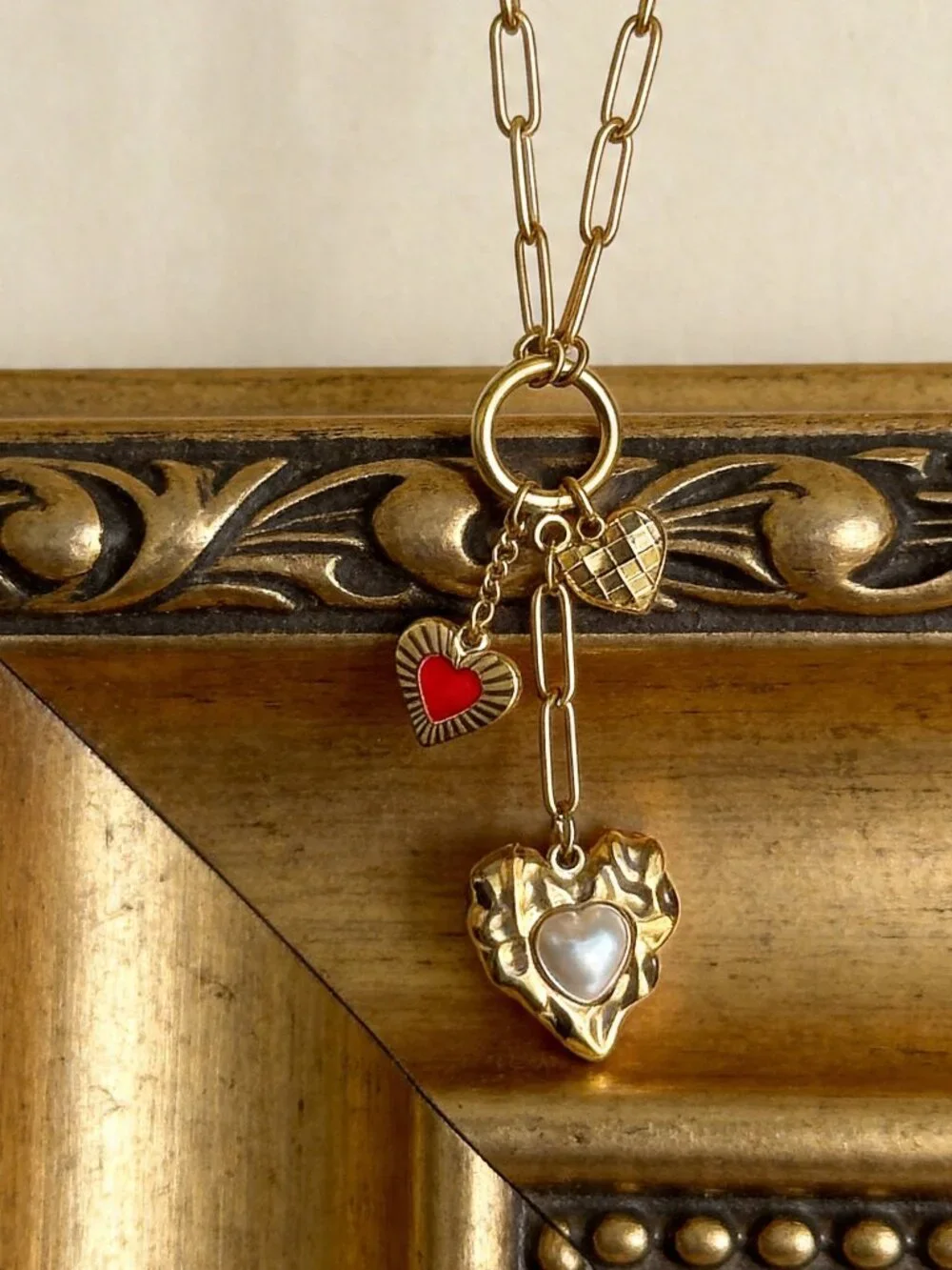Gold Multi Heart Charm Necklace Stainless Steel - Picture 6 of 13
